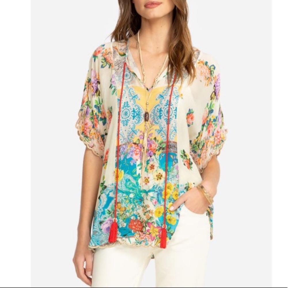 Johnny Was Floral Patchwork V-Neck Blouse in Cream, Turquoise, Yellow, Red